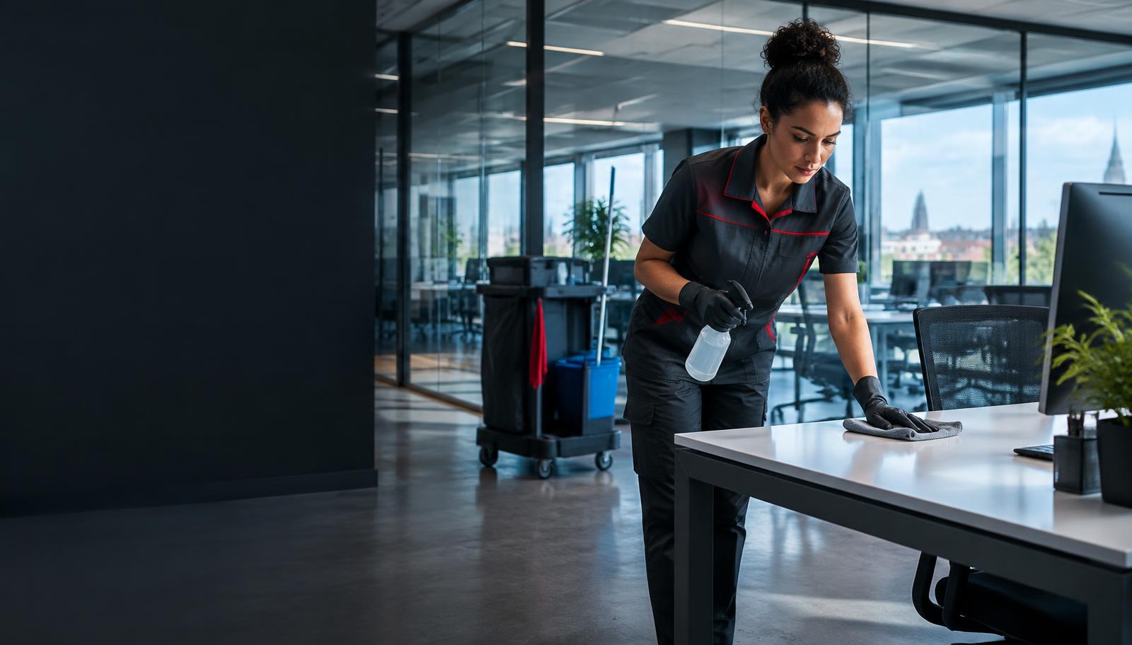 Schoonmaakmedewerker in een modern kantoor
